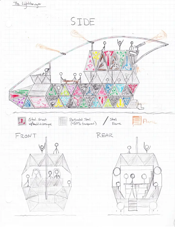 The Lightbringer art car — side, front, and rear views